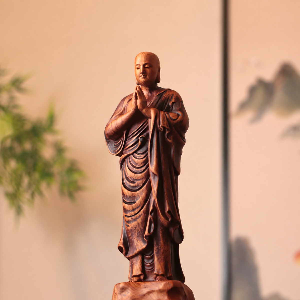 阿難尊者合掌立像|天然花梨木雕