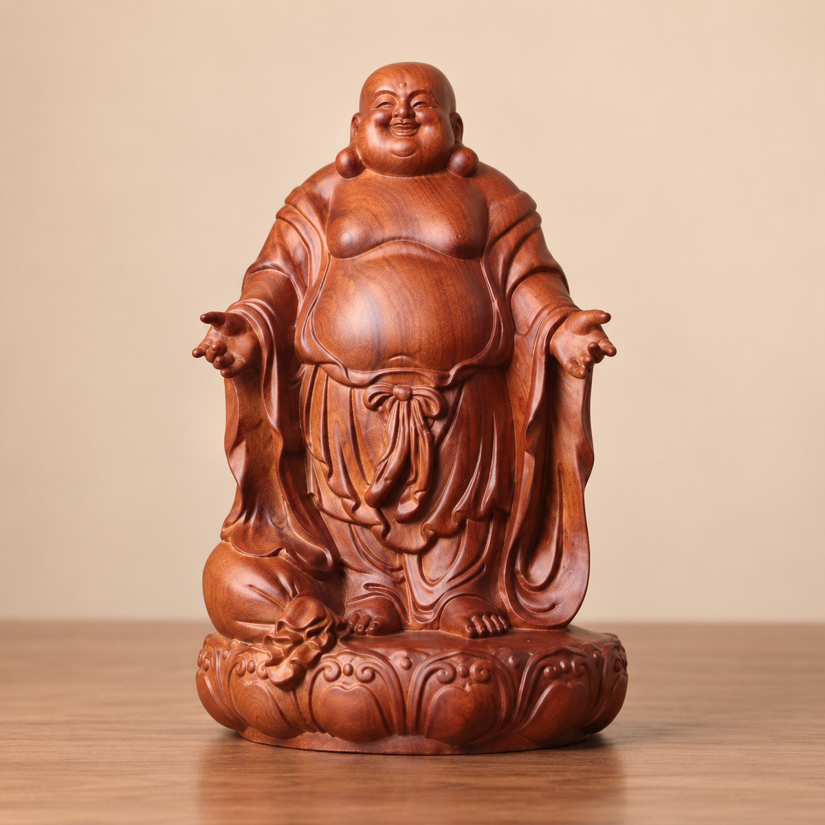 彌勒佛展臂蓮座立像|天然南非花梨木雕