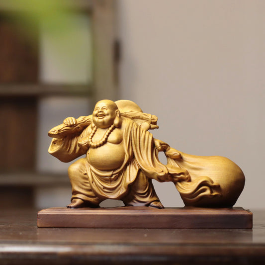 彌勒佛拖福袋擺件｜天然柏木雕