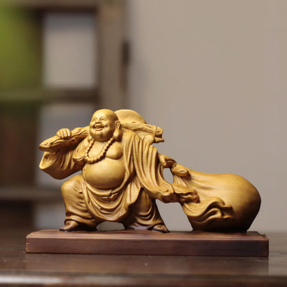 彌勒佛拖福袋擺件｜天然柏木雕