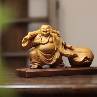 彌勒佛拖福袋擺件｜天然柏木雕