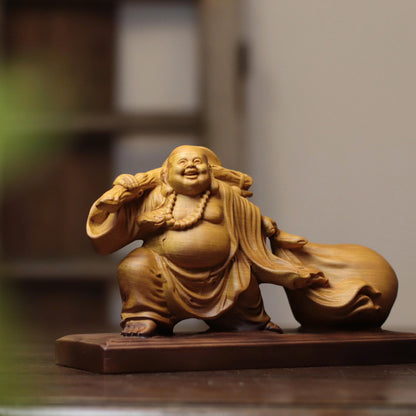 彌勒佛拖福袋擺件｜天然柏木雕