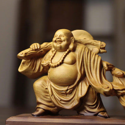 彌勒佛拖福袋擺件｜天然柏木雕