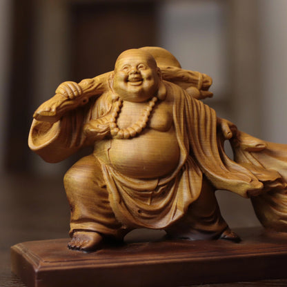 彌勒佛拖福袋擺件｜天然柏木雕
