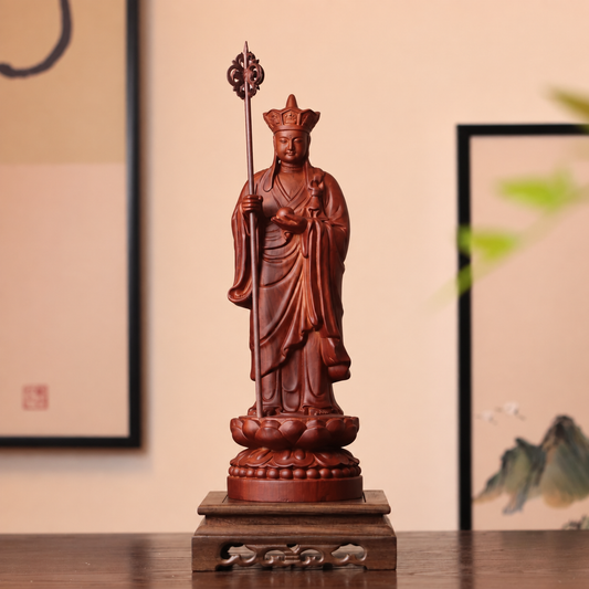 地藏王菩薩持錫杖寶珠立像｜天然花梨木雕