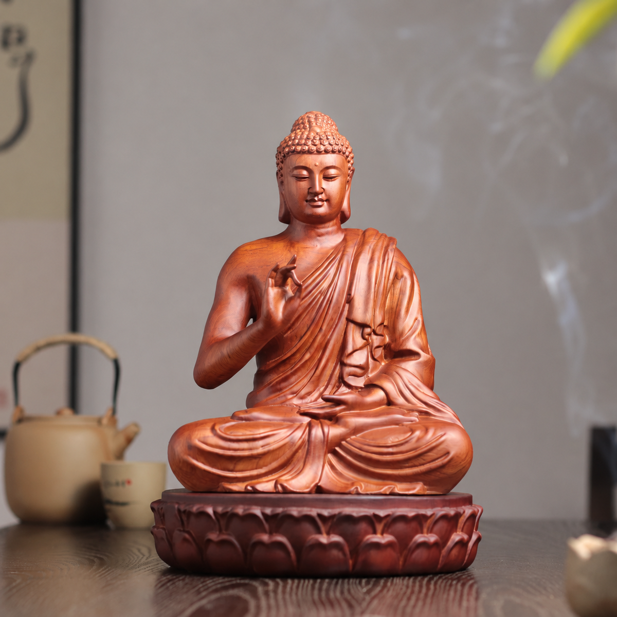 釋迦牟尼佛說法印坐像｜天然花梨木雕