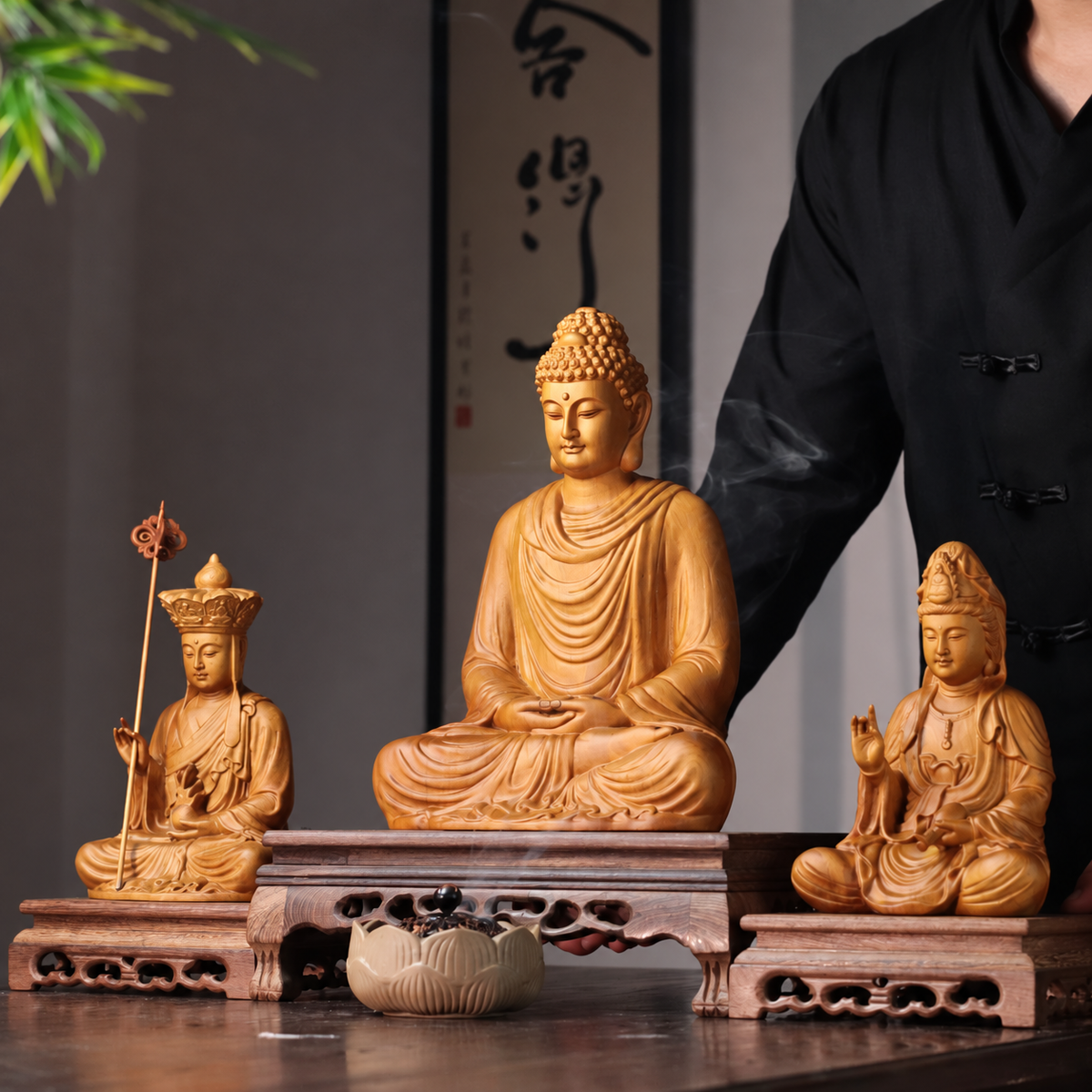 娑婆三聖佛像套組｜天然香柏木雕