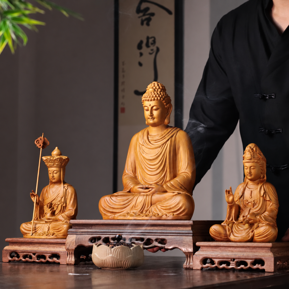 娑婆三聖佛像套組｜天然香柏木雕
