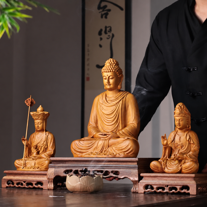 娑婆三聖佛像套組｜天然香柏木雕