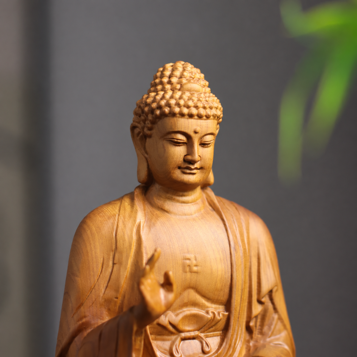 阿彌陀佛接引印坐像｜天然翠柏木雕
