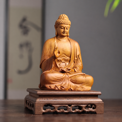 阿彌陀佛接引印坐像｜天然翠柏木雕