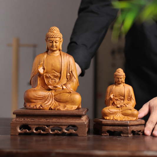 阿彌陀佛接引印坐像｜天然翠柏木雕