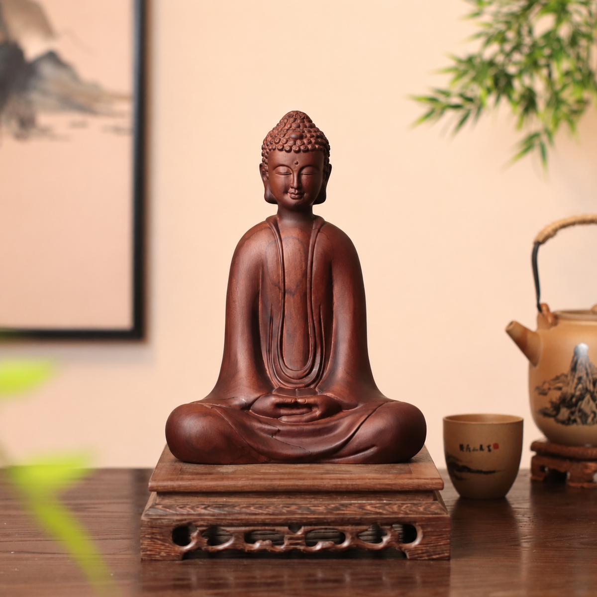 釋迦牟尼佛禪定坐像｜天然南非花梨木雕