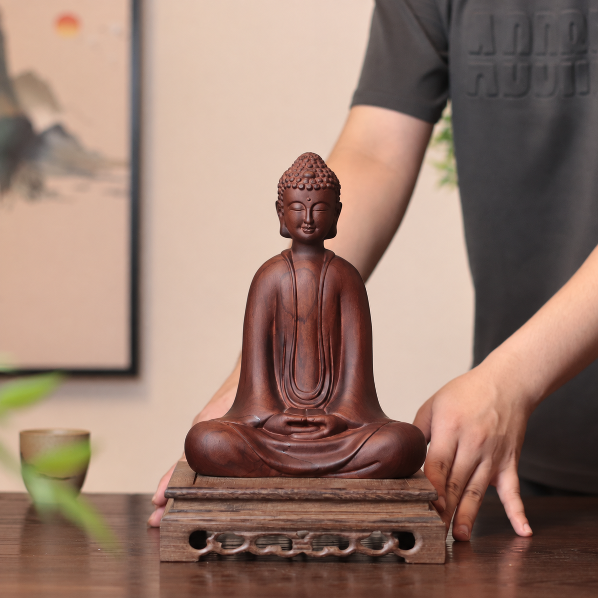 釋迦牟尼佛禪定坐像｜天然南非花梨木雕