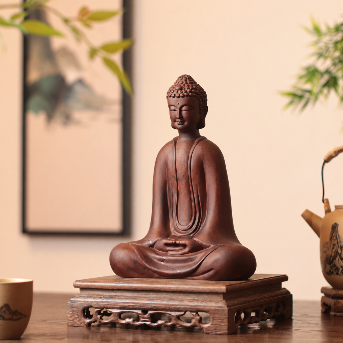釋迦牟尼佛禪定坐像｜天然南非花梨木雕