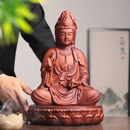 觀世音菩薩蓮座坐像｜天然花梨木雕