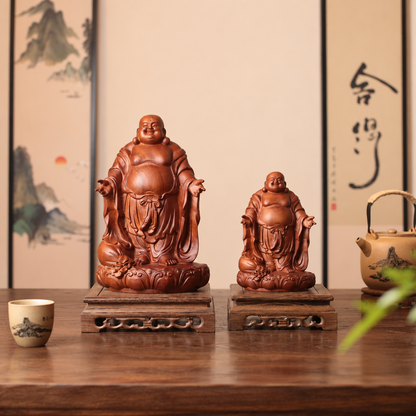 彌勒佛展臂蓮座立像｜天然南非花梨木雕