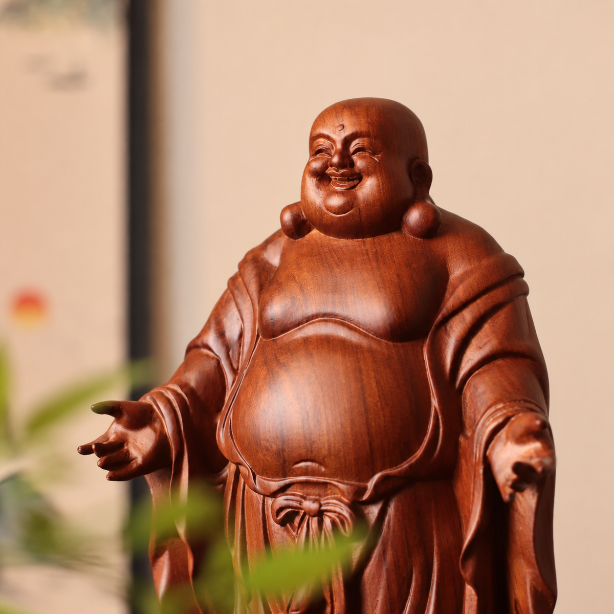 彌勒佛展臂蓮座立像｜天然南非花梨木雕