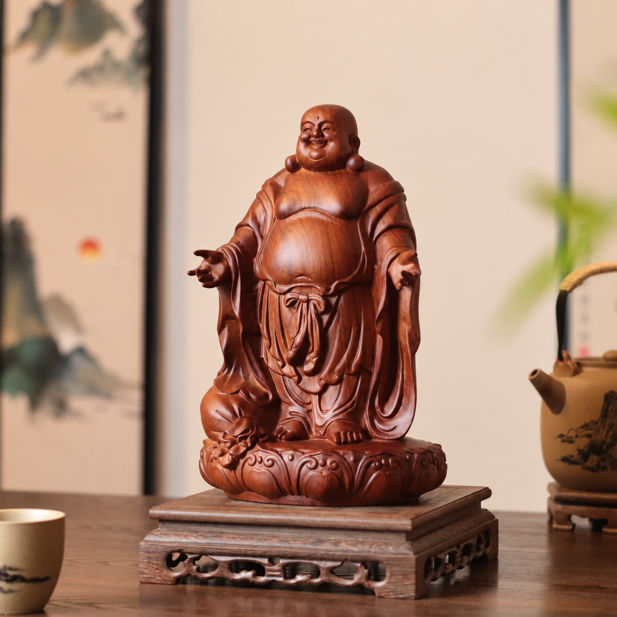 彌勒佛展臂蓮座立像｜天然南非花梨木雕