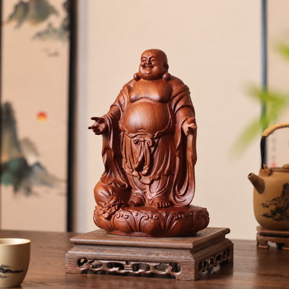 彌勒佛展臂蓮座立像｜天然南非花梨木雕