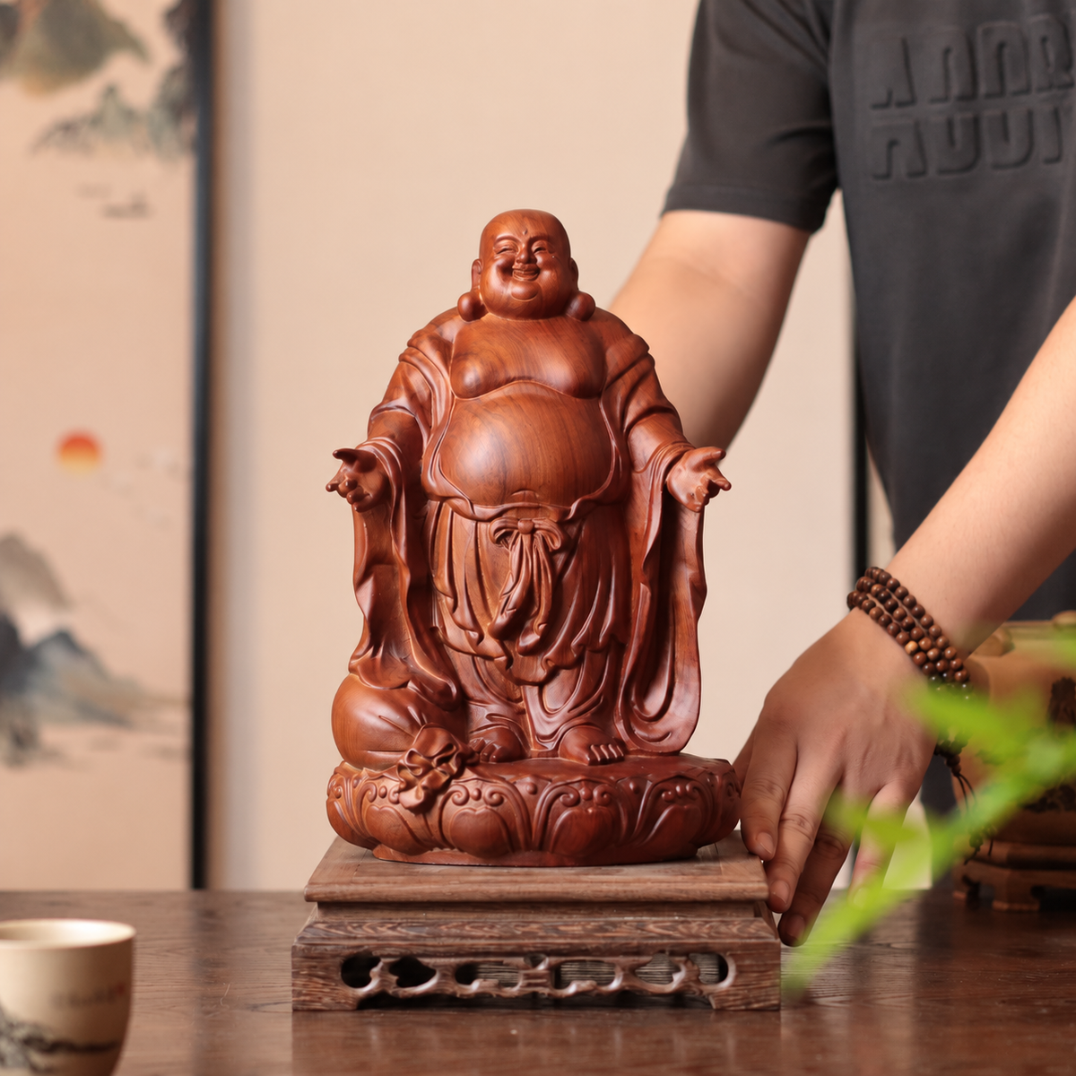 彌勒佛展臂蓮座立像｜天然南非花梨木雕