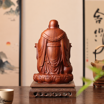 彌勒佛展臂蓮座立像｜天然南非花梨木雕
