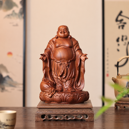 彌勒佛展臂蓮座立像｜天然南非花梨木雕