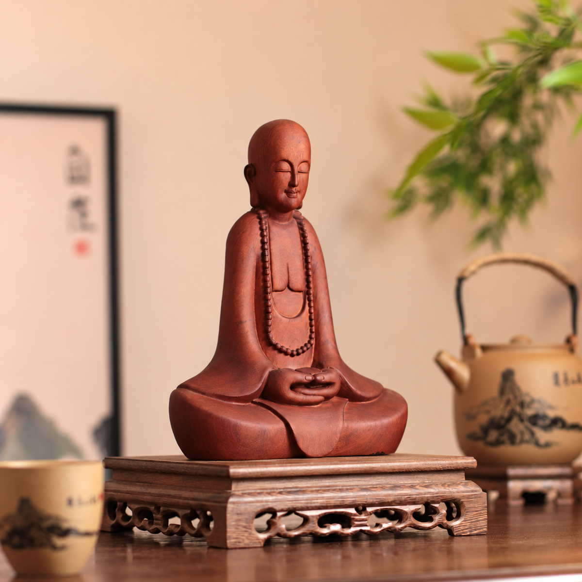 禪師念珠禪坐像｜天然南非花梨木雕