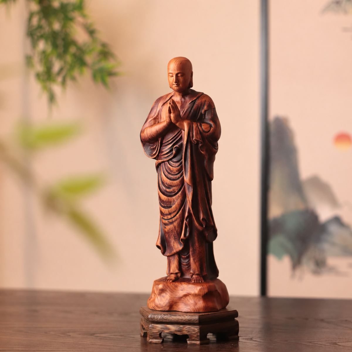 阿難尊者合掌立像｜天然花梨木雕
