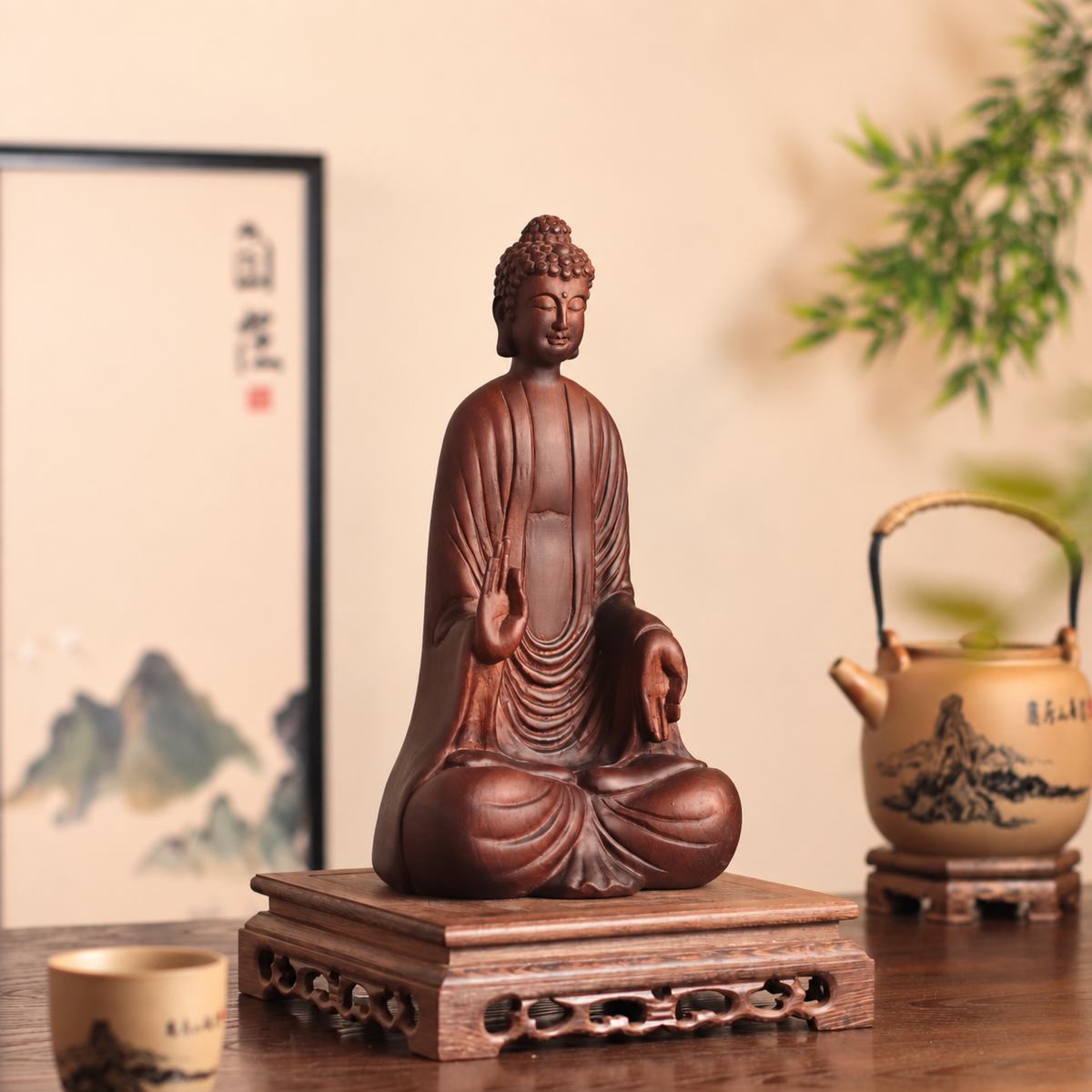 釋迦牟尼佛施無畏印坐像｜天然花梨木雕