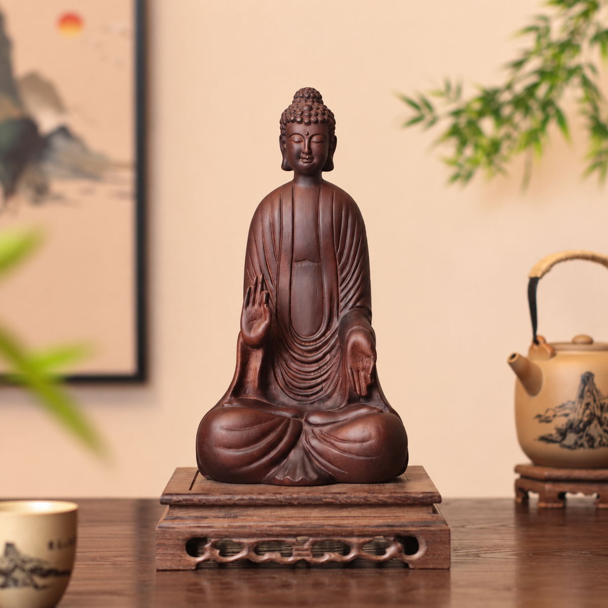 釋迦牟尼佛施無畏印坐像｜天然花梨木雕