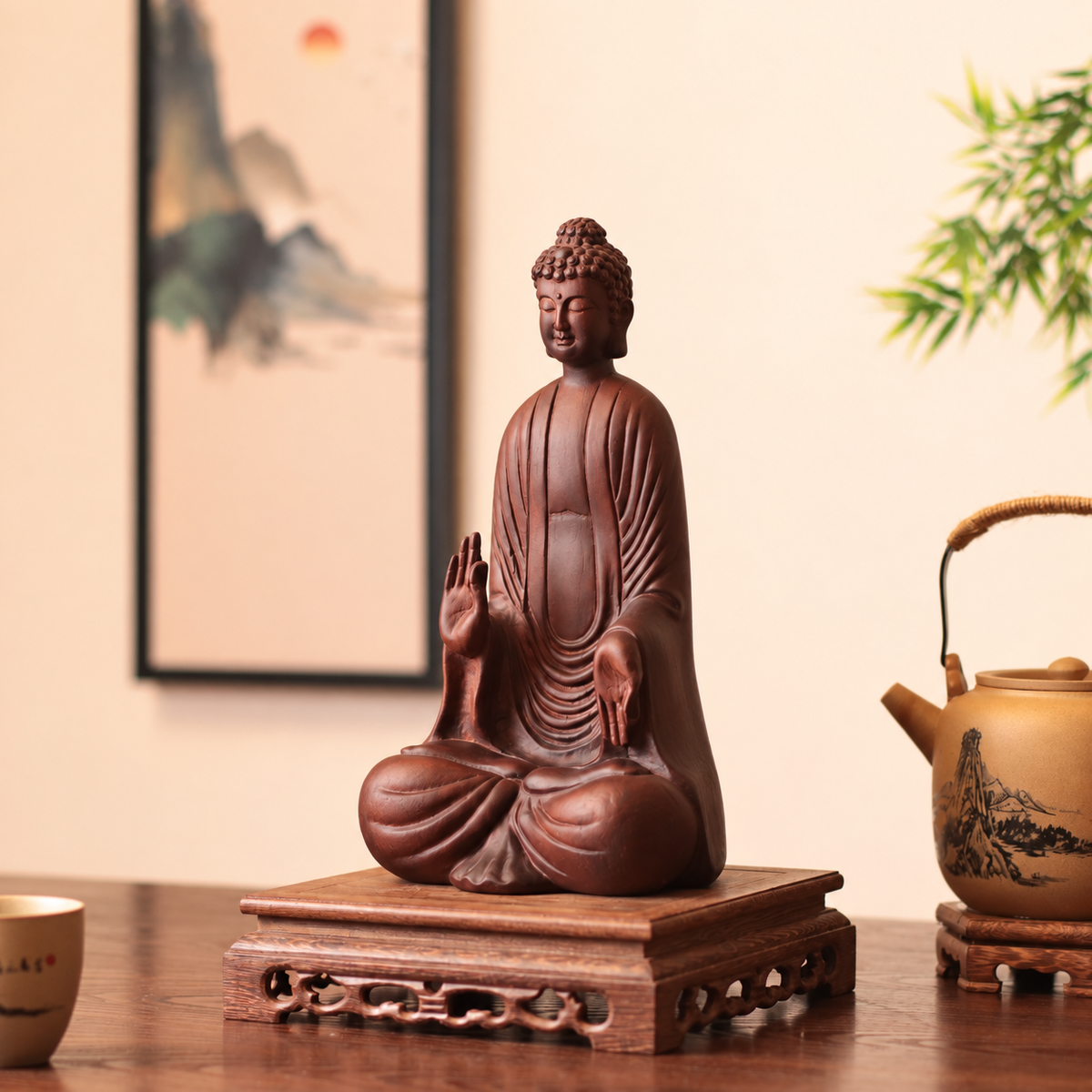 釋迦牟尼佛施無畏印坐像｜天然花梨木雕