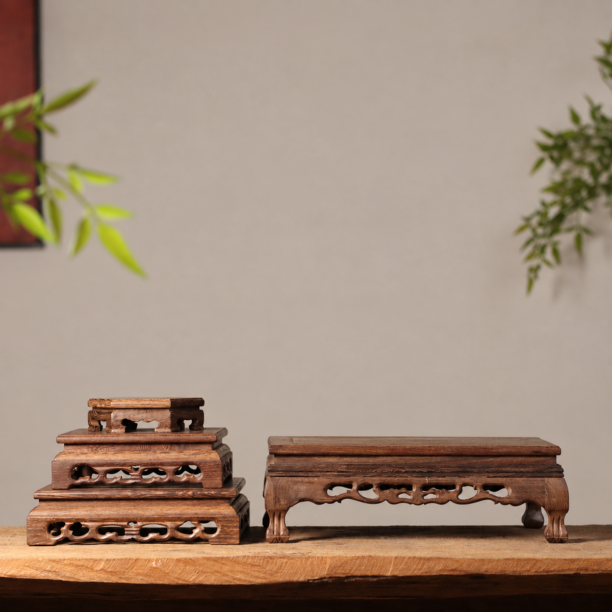佛像木雕展示底座｜天然黑檀木・孔雀紋