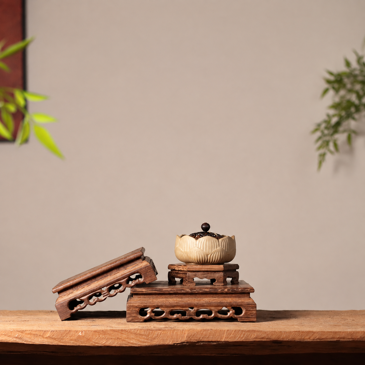 佛像木雕展示底座｜天然黑檀木・孔雀紋