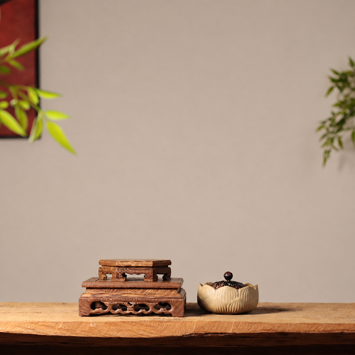 佛像木雕展示底座｜天然黑檀木・孔雀紋