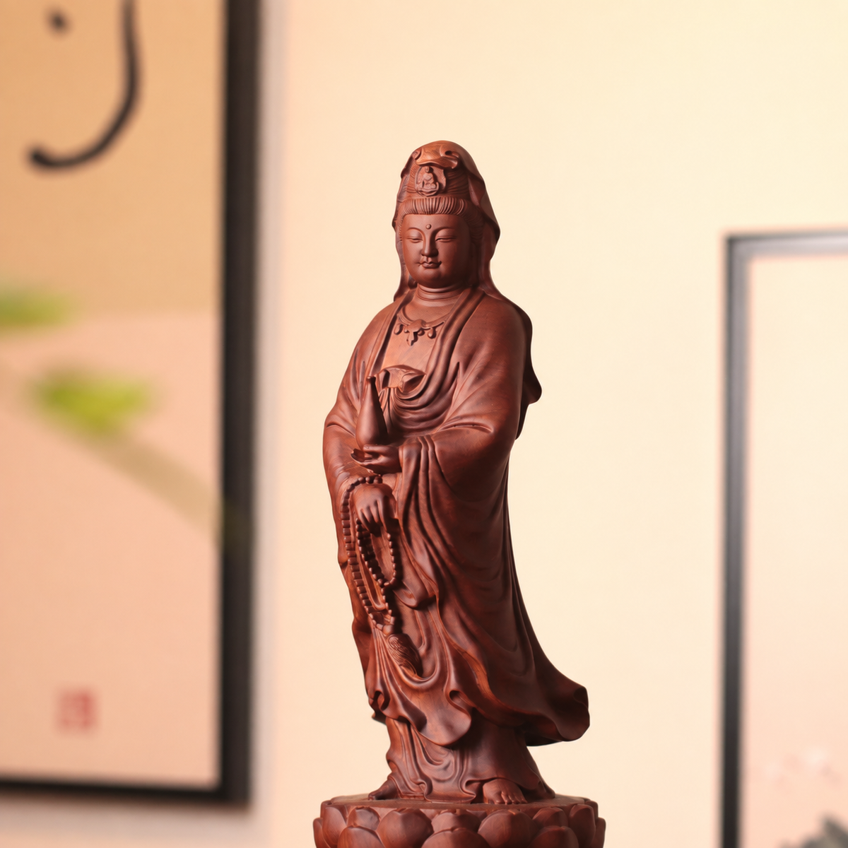 觀世音菩薩持念珠淨瓶立像｜天然花梨木雕