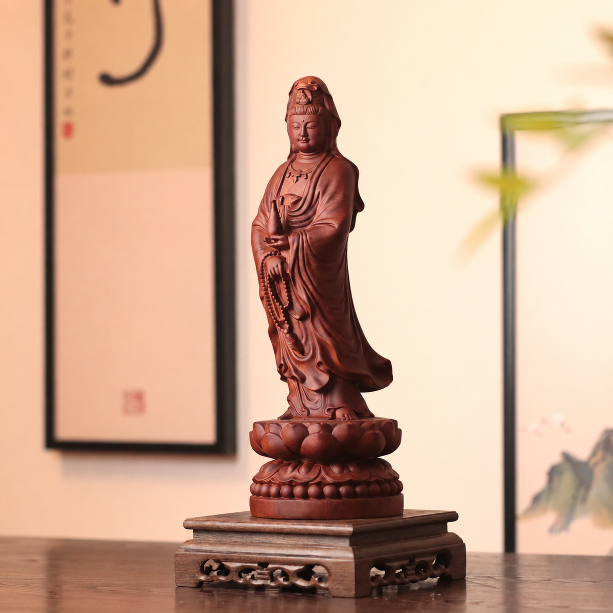 觀世音菩薩持念珠淨瓶立像｜天然花梨木雕
