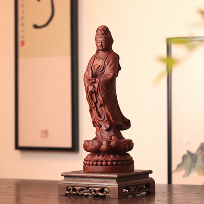 觀世音菩薩持念珠淨瓶立像｜天然花梨木雕