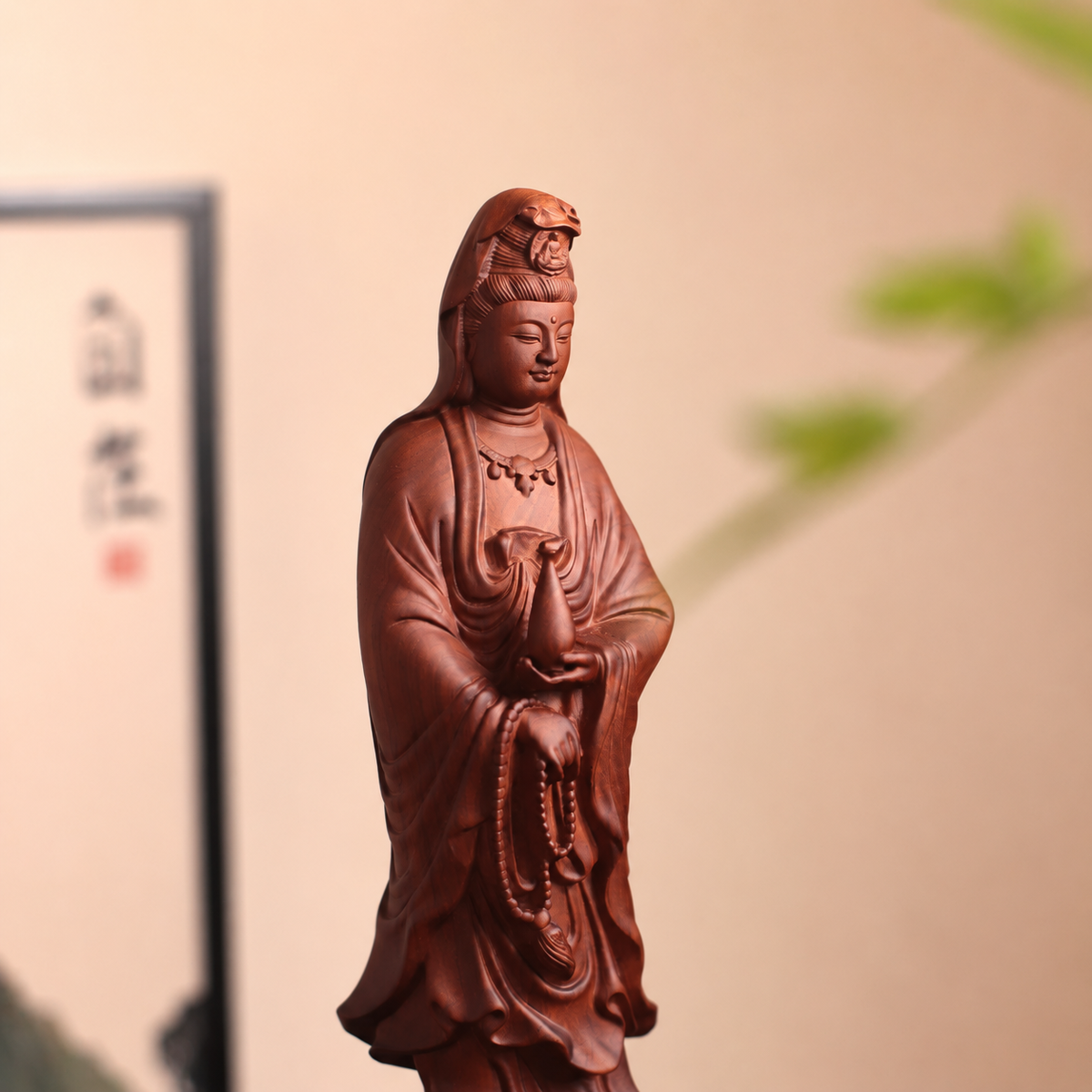 觀世音菩薩持念珠淨瓶立像｜天然花梨木雕
