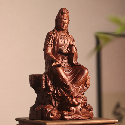 觀世音菩薩岩座自在坐像｜天然花梨木雕