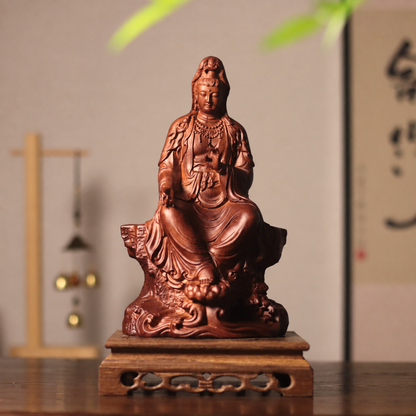觀世音菩薩岩座自在坐像｜天然花梨木雕