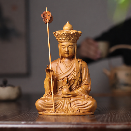地藏王菩薩持錫杖坐像｜天然翠柏木雕