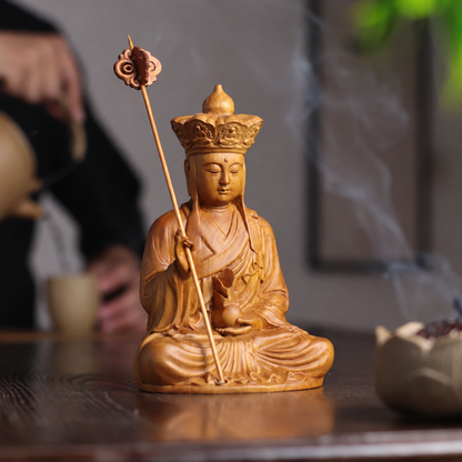 地藏王菩薩持錫杖坐像｜天然翠柏木雕
