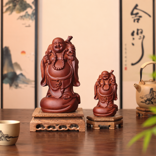 彌勒佛背福袋立像｜天然花梨木雕
