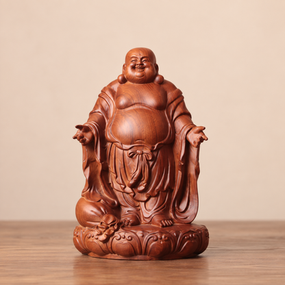 彌勒佛展臂蓮座立像｜天然南非花梨木雕