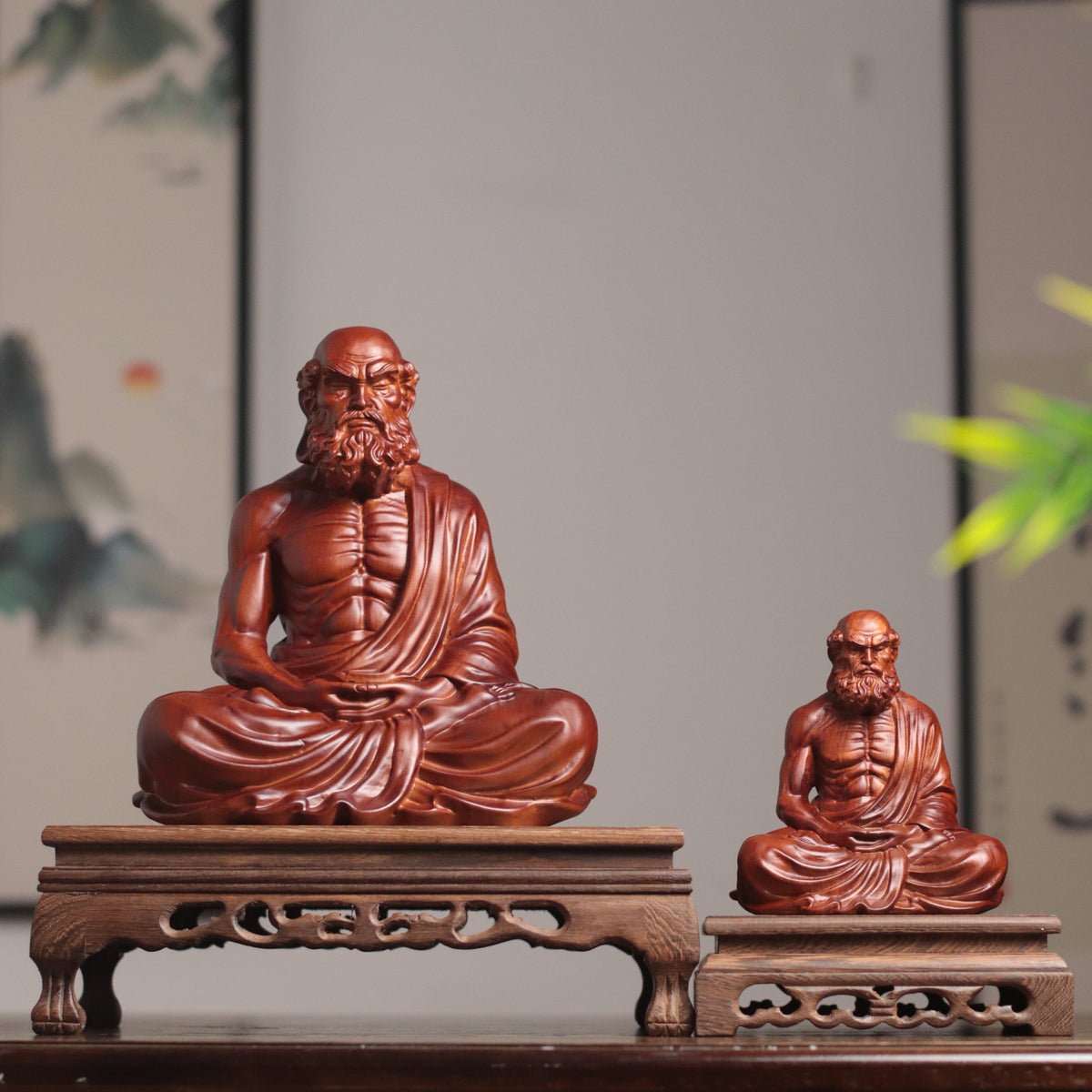 達摩祖師禪坐木雕像・天然香木