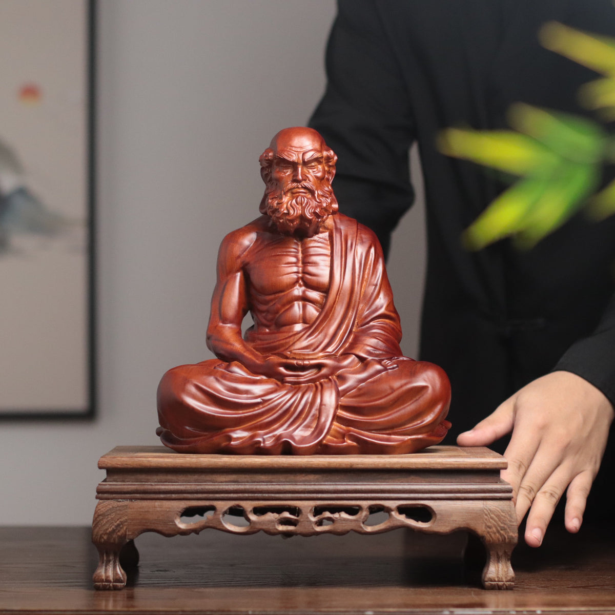 達摩祖師禪坐木雕像・天然香木
